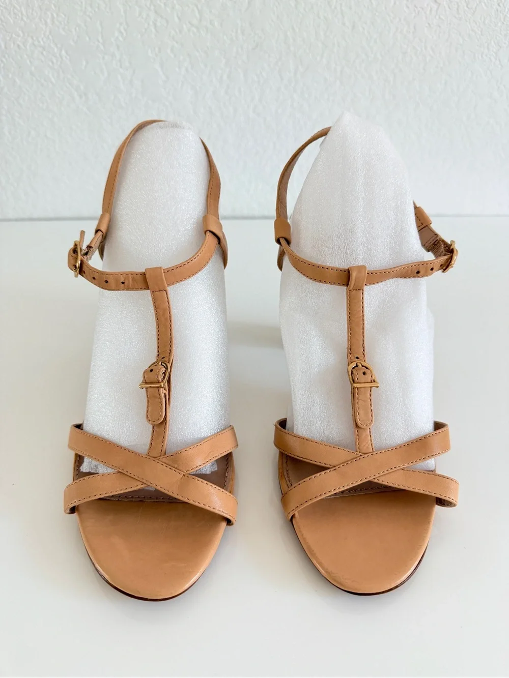 J. Crew Tan Leather T-Strap Block Heel Sandal